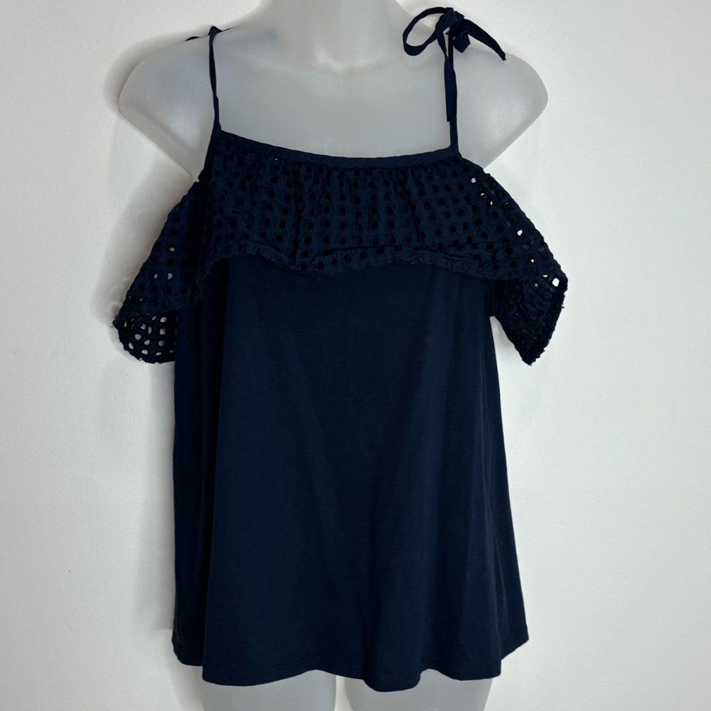 Loft 100% Cotton Navy Blue sleeveless ruffle tank top size XS